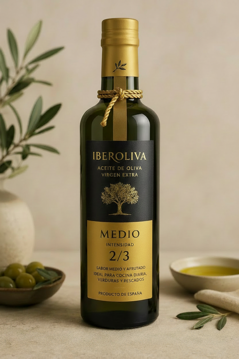 Iberoliva Aceite de Oliva Virgen Extra Medio - ideal para cocina diaria, verduras y pescados